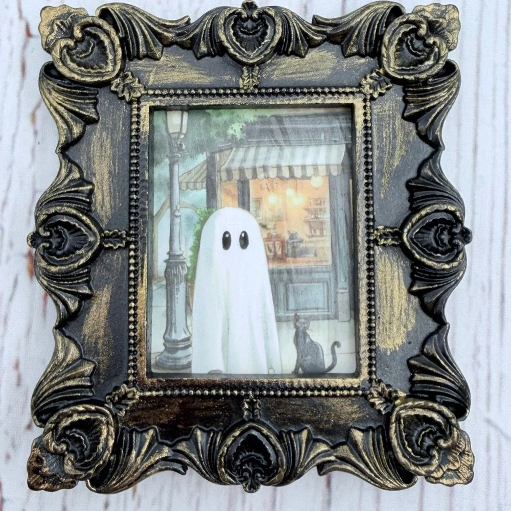 Miniature Ghost and Black Cat Art Print Ornate Gold Baroque Frame 3.5x3.25‎